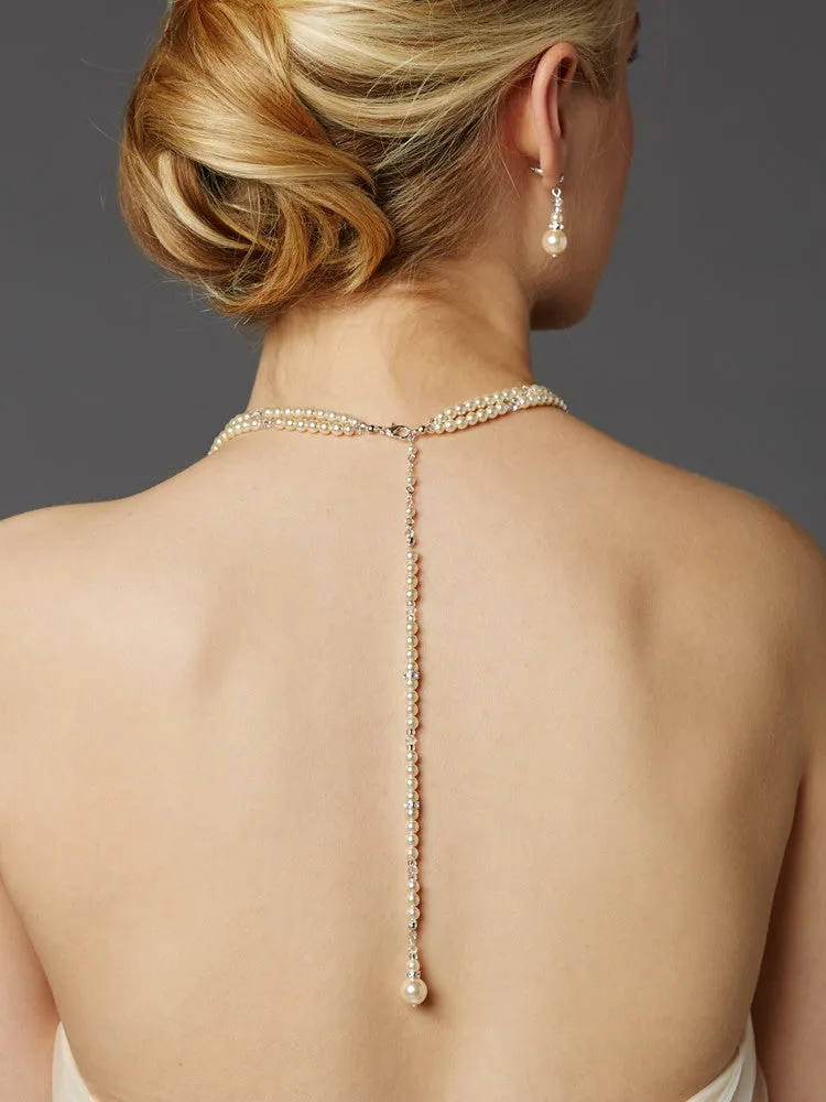2-Row Glass Pearl Bridal Back Necklace with Dramatic Backdrop 4472N-LTI-S