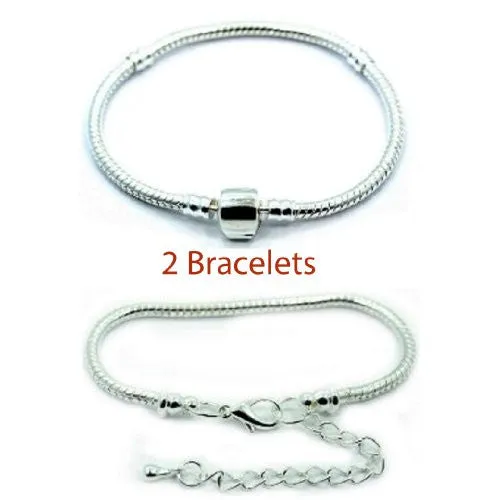 2 (Two) 7" Silver Tone Snake Chain Classic Bead Barrel Clasp   Starter Master Lobster Clasp Bracelet.