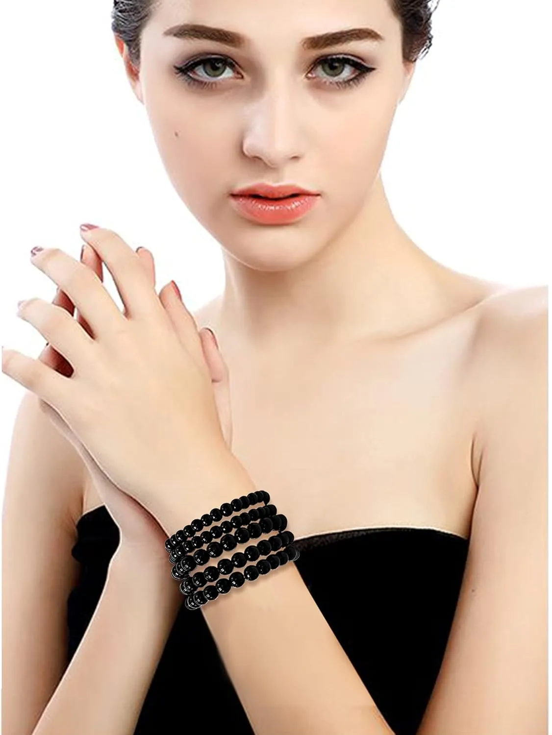 5 Pcs Faux Pearl Bracelet Set for Women Beaded Stretch Strand Bracelets for Bridesmaid,Bridal,Party Jewelry