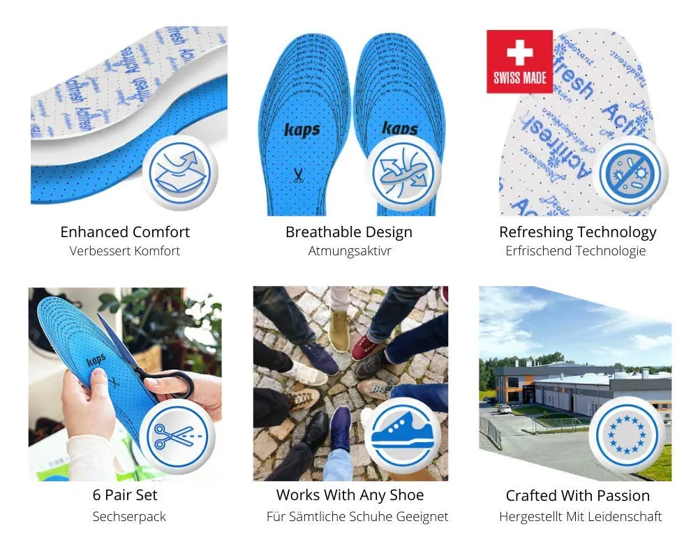 6 Pair Pack Set Actifresh Hygienic Shoe Insoles with Swiss Antibacterial Technology by Sanitized | Made in Europe | Cut to fit | Kaps