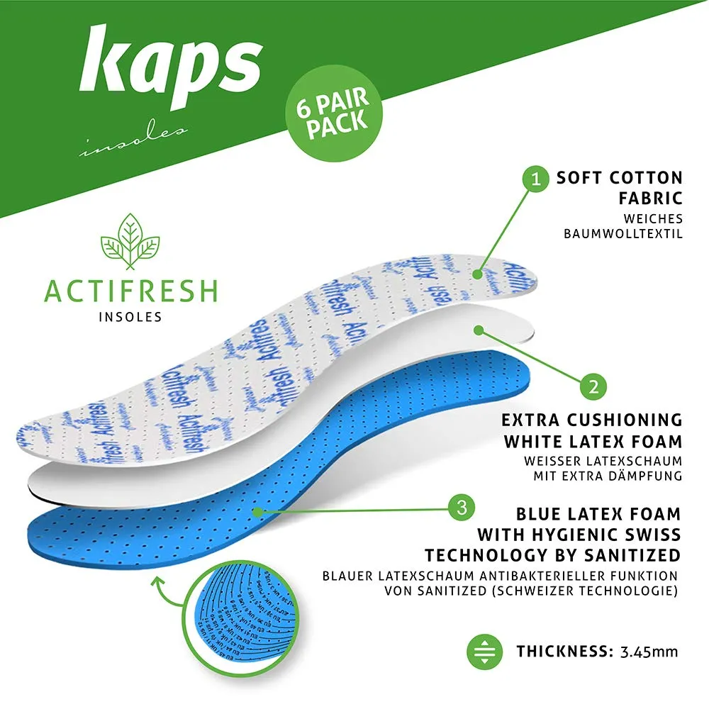 6 Pair Pack Set Actifresh Hygienic Shoe Insoles with Swiss Antibacterial Technology by Sanitized | Made in Europe | Cut to fit | Kaps