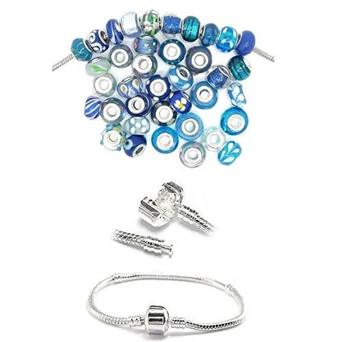 6" Snake Chain Bracelet   Ten (10) Pack of Assorted Blue Glass Beads