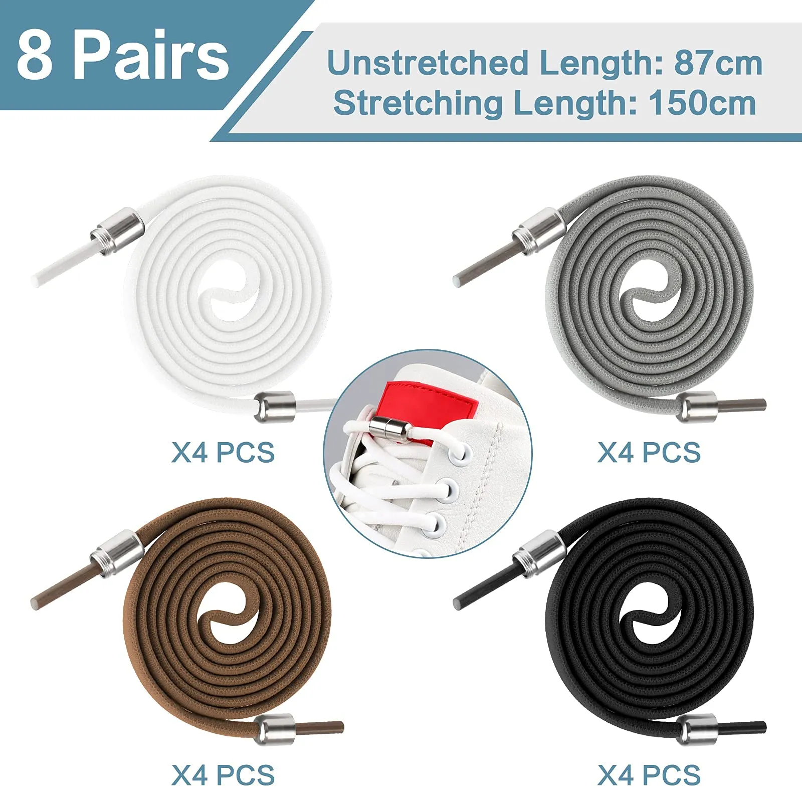 8 Pairs No Tie Elastic Shoe Laces with Metal Buckles, Universal Running Laces Tieless Laces for All Kinds of Shoes Laces Replacement