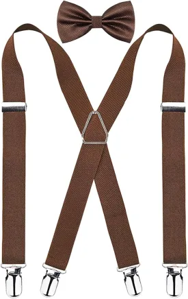 Alizeal Men's 4 Clips X-Back Solid Suspenders Pre Tied Bow Tie Set Elastic Adjustable Braces