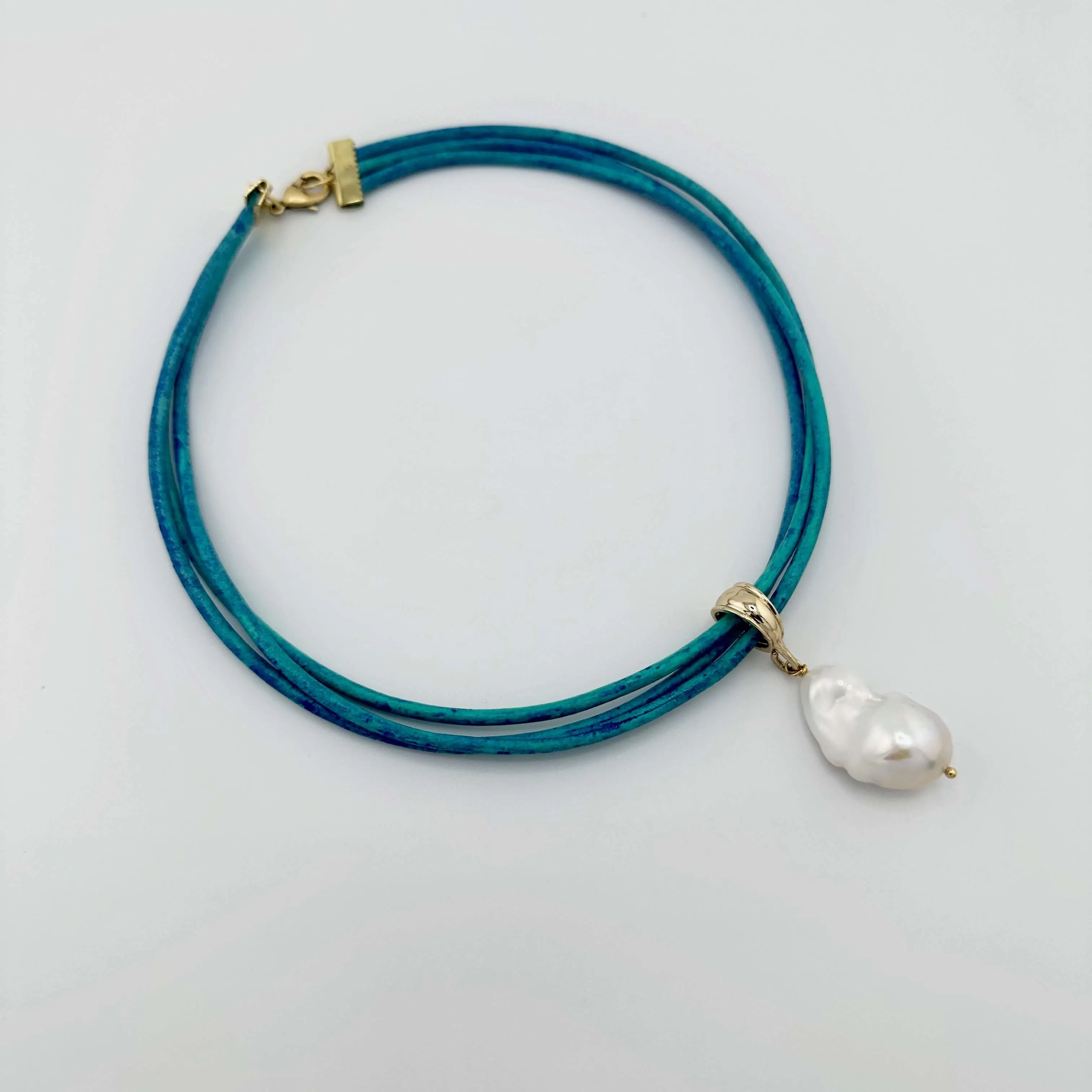 Distressed Blue Leather Necklace With Pearl or Earring