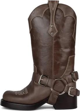 DOEYG Women's Banana Knee High Boots Square Toe Chunky Block Heel Tall Boots Wide Calf Fashion Comfortable Casual Pull on Long Boots