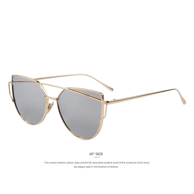 Fashion Women Cat Eye Sunglasses Classic Brand Designer Twin-Beams Sunglasses Coating Mirror Flat Panel Lens