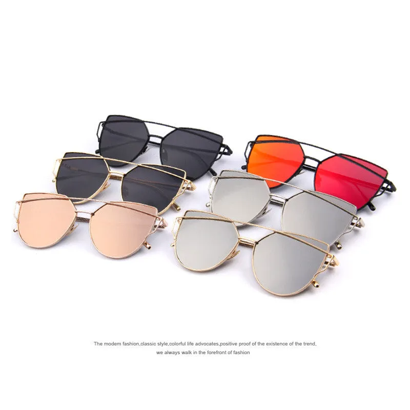 Fashion Women Cat Eye Sunglasses Classic Brand Designer Twin-Beams Sunglasses Coating Mirror Flat Panel Lens