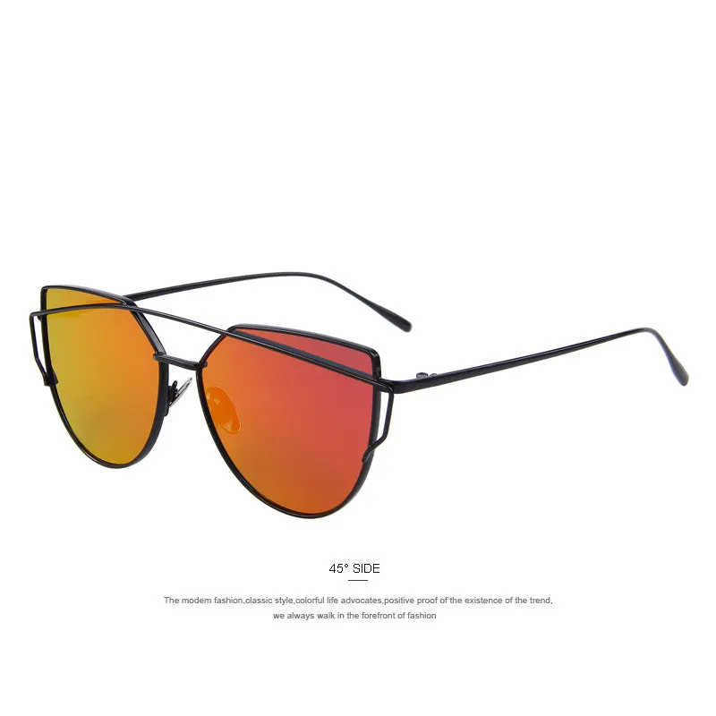 Fashion Women Cat Eye Sunglasses Classic Brand Designer Twin-Beams Sunglasses Coating Mirror Flat Panel Lens