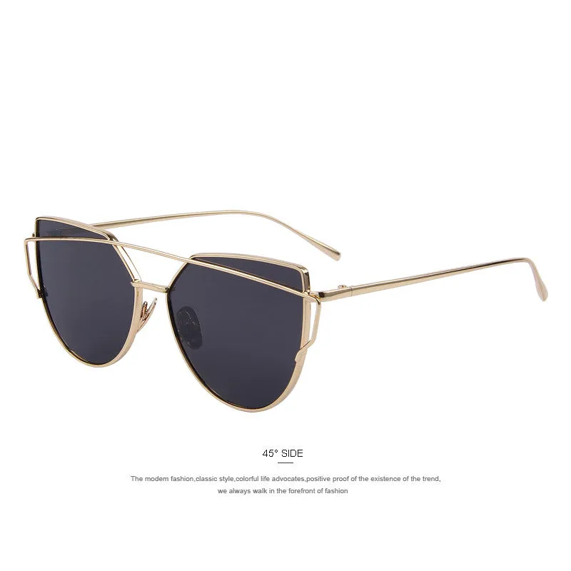Fashion Women Cat Eye Sunglasses Classic Brand Designer Twin-Beams Sunglasses Coating Mirror Flat Panel Lens