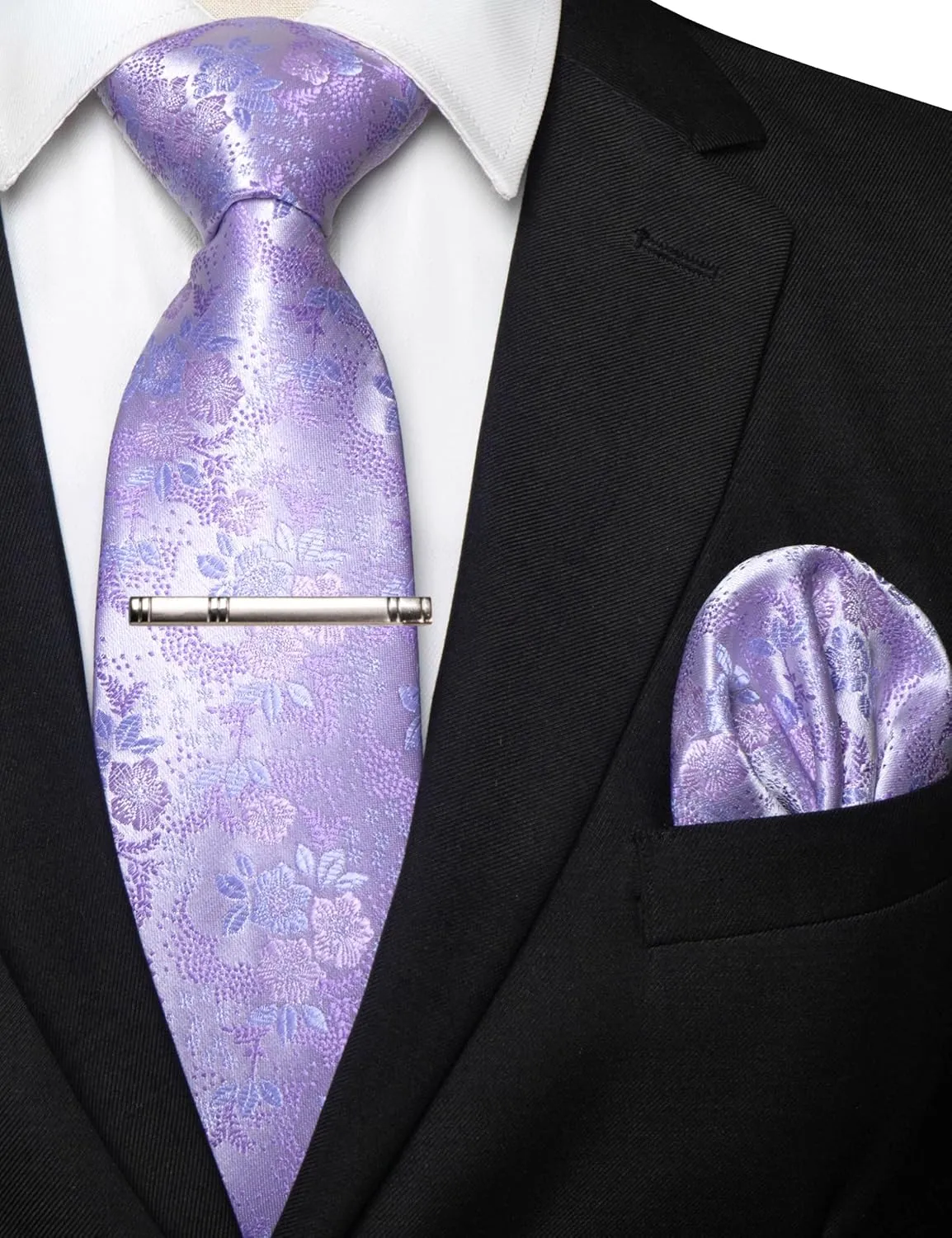 Floral Necktie and Pocket Square Tie Clip Sets for Men
