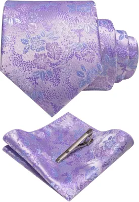 Floral Necktie and Pocket Square Tie Clip Sets for Men