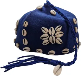 Genuine Moroccan Gnawa/Gnaoua Hat | Wool Felt and Real Cowrie Shells | Blue| guembri, Blue, M