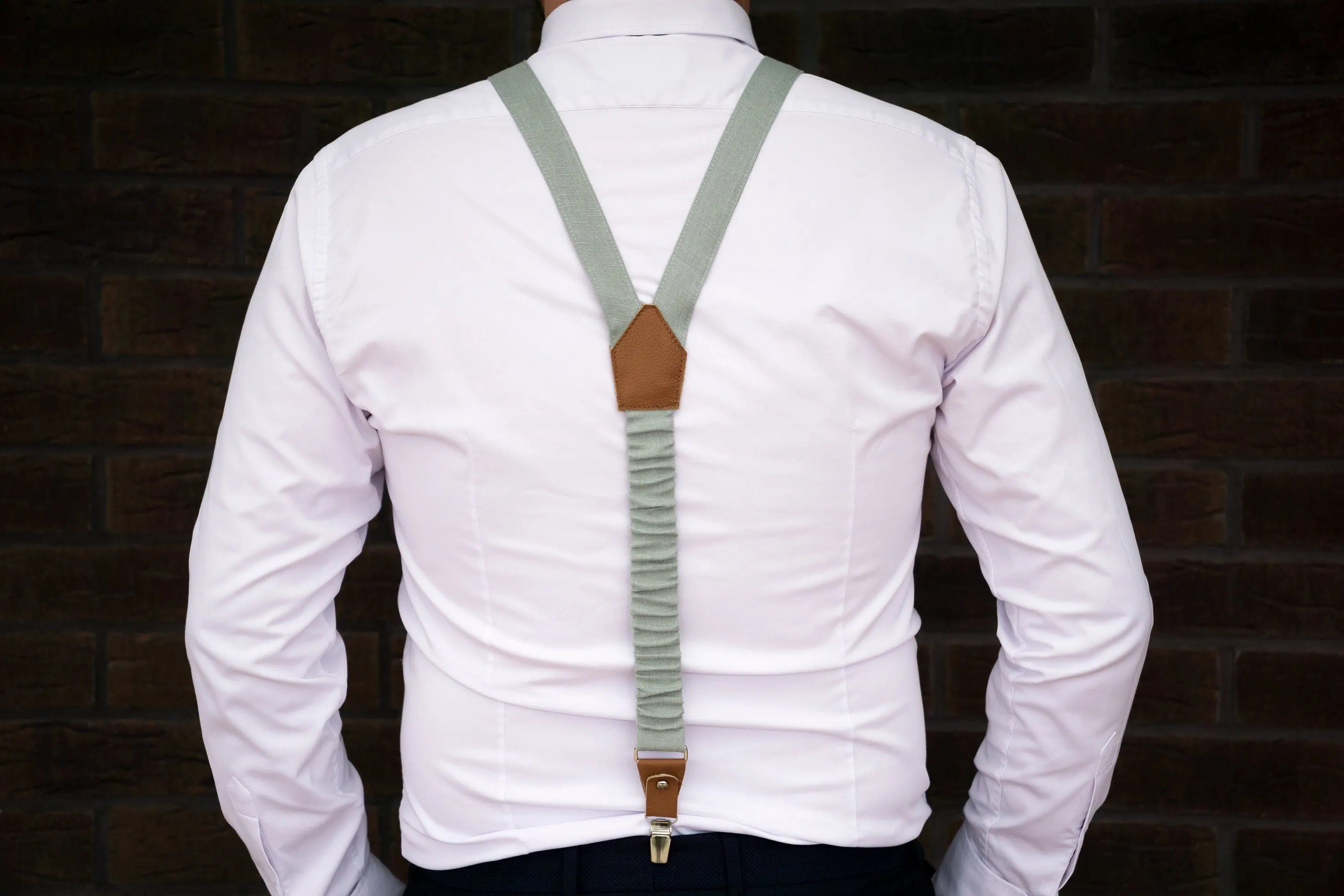 Handmade Eucalyptus Green Linen Bow Tie and Suspenders Set - For Men, Boys and Children - Perfect for Weddings and Special Occasions