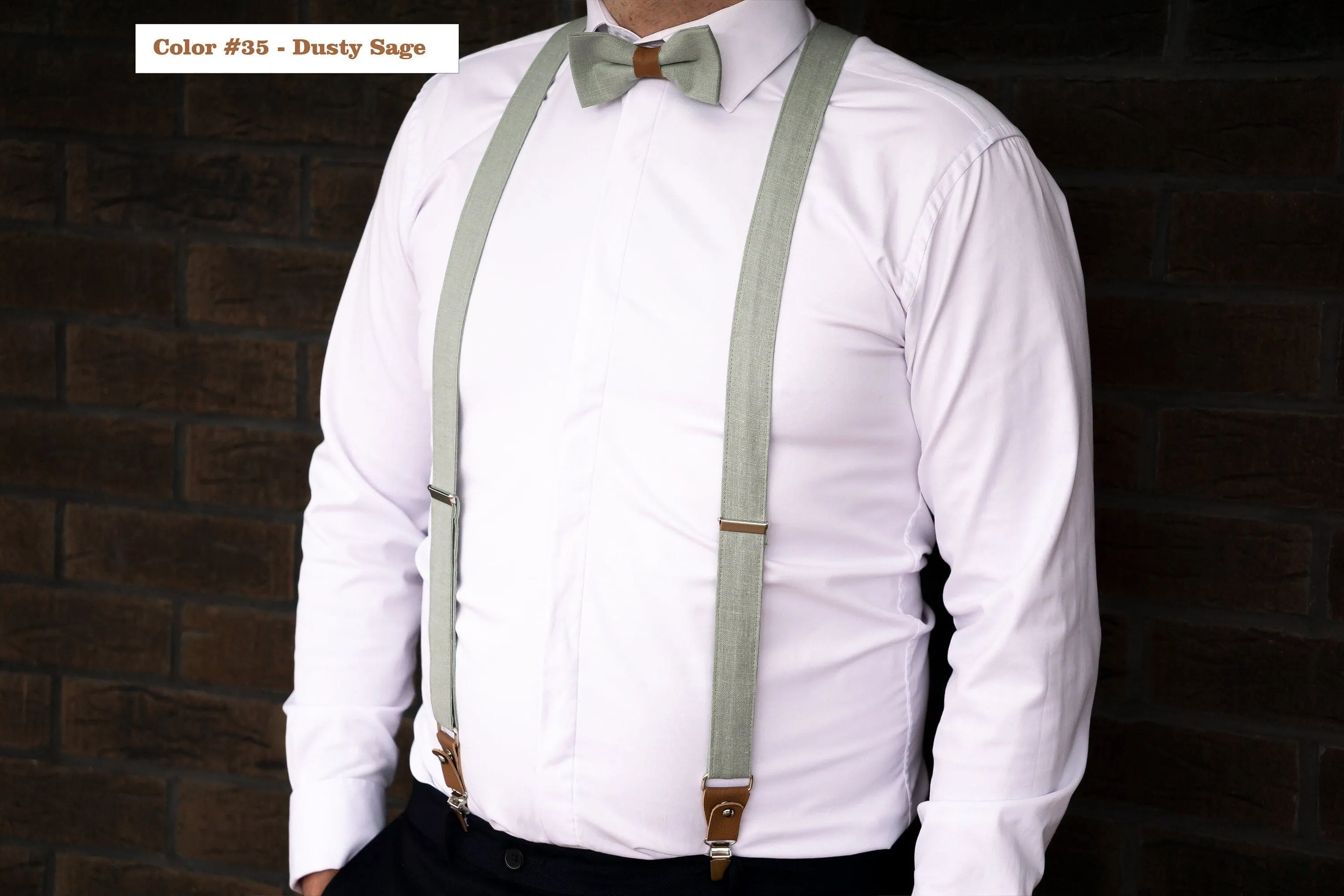 Handmade Eucalyptus Green Linen Bow Tie and Suspenders Set - For Men, Boys and Children - Perfect for Weddings and Special Occasions