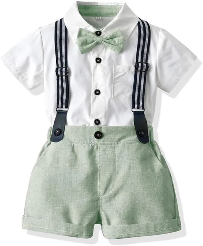 IDOPIP Toddler Kids Baby Boys Formal Suit Gentleman White Shirt with Bowtie   Suspender Shorts Pants Overalls Clothes 1-8T