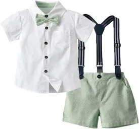 IDOPIP Toddler Kids Baby Boys Formal Suit Gentleman White Shirt with Bowtie   Suspender Shorts Pants Overalls Clothes 1-8T