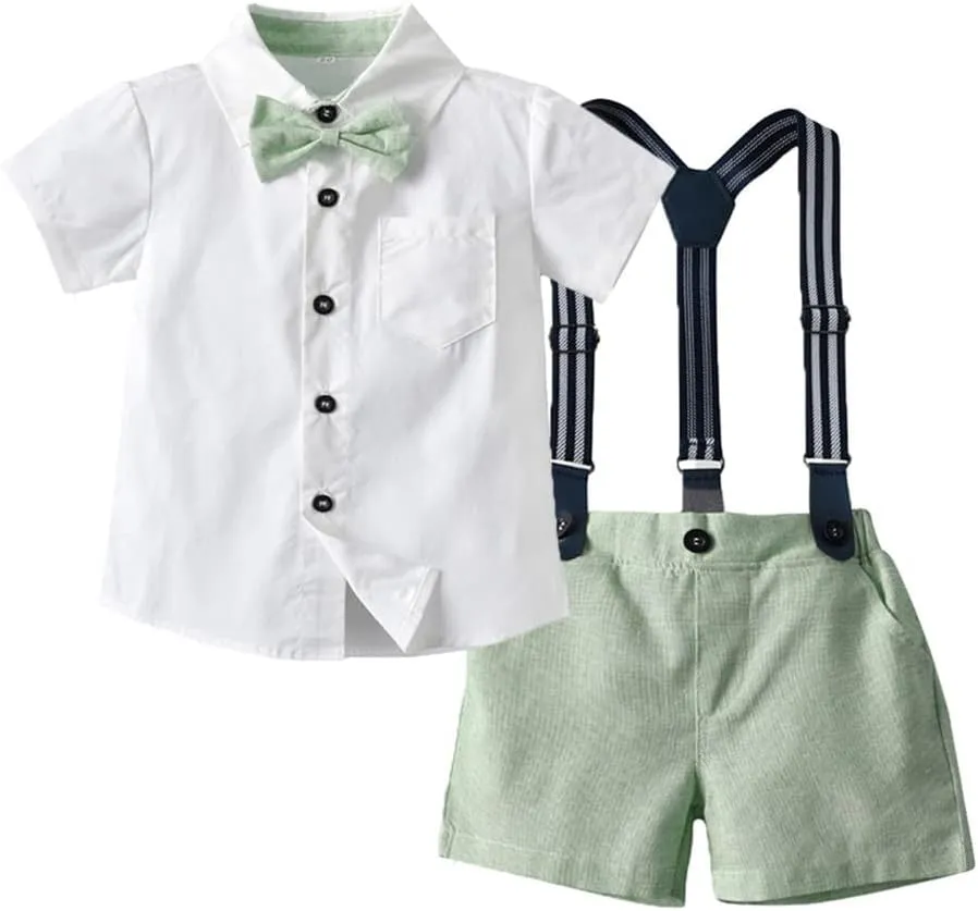 IDOPIP Toddler Kids Baby Boys Formal Suit Gentleman White Shirt with Bowtie   Suspender Shorts Pants Overalls Clothes 1-8T