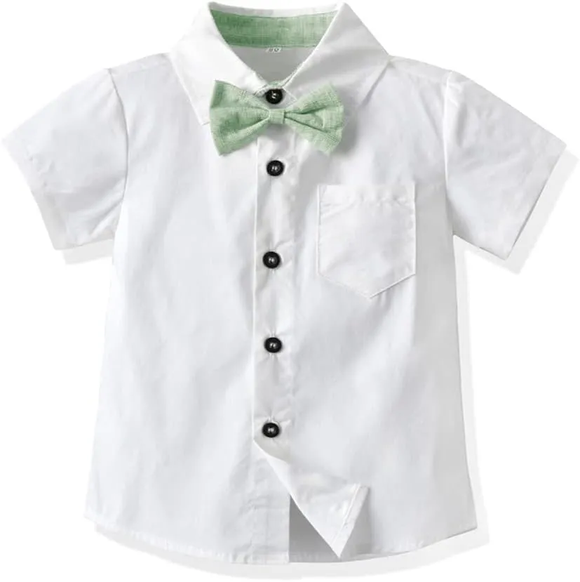 IDOPIP Toddler Kids Baby Boys Formal Suit Gentleman White Shirt with Bowtie   Suspender Shorts Pants Overalls Clothes 1-8T