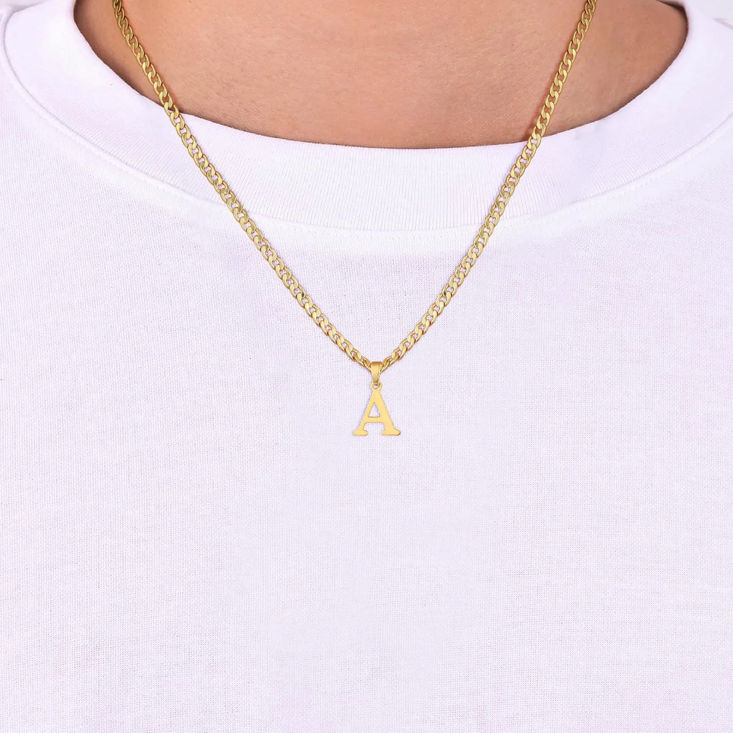 Initial A-Z Letter Pendant Necklace for Men 18K Gold Plated Capital Initial Necklace Cuban Link Chain 4mm 20 Inch Jewelry Gift