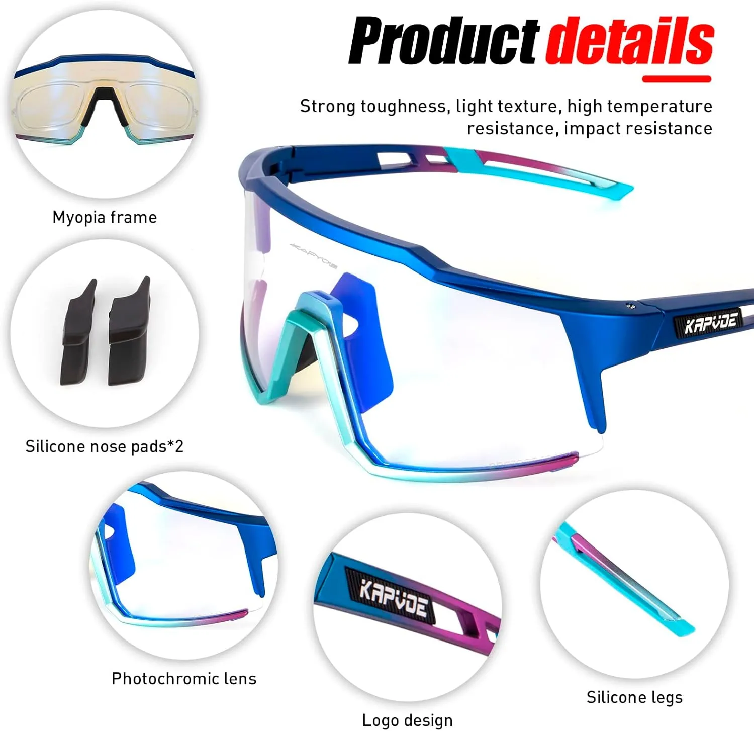 KAPVOE Photochromic Cycling Glasses MTB Clear Mountain Bike Transition Bicycle Sunglasses for Men Women - K9022