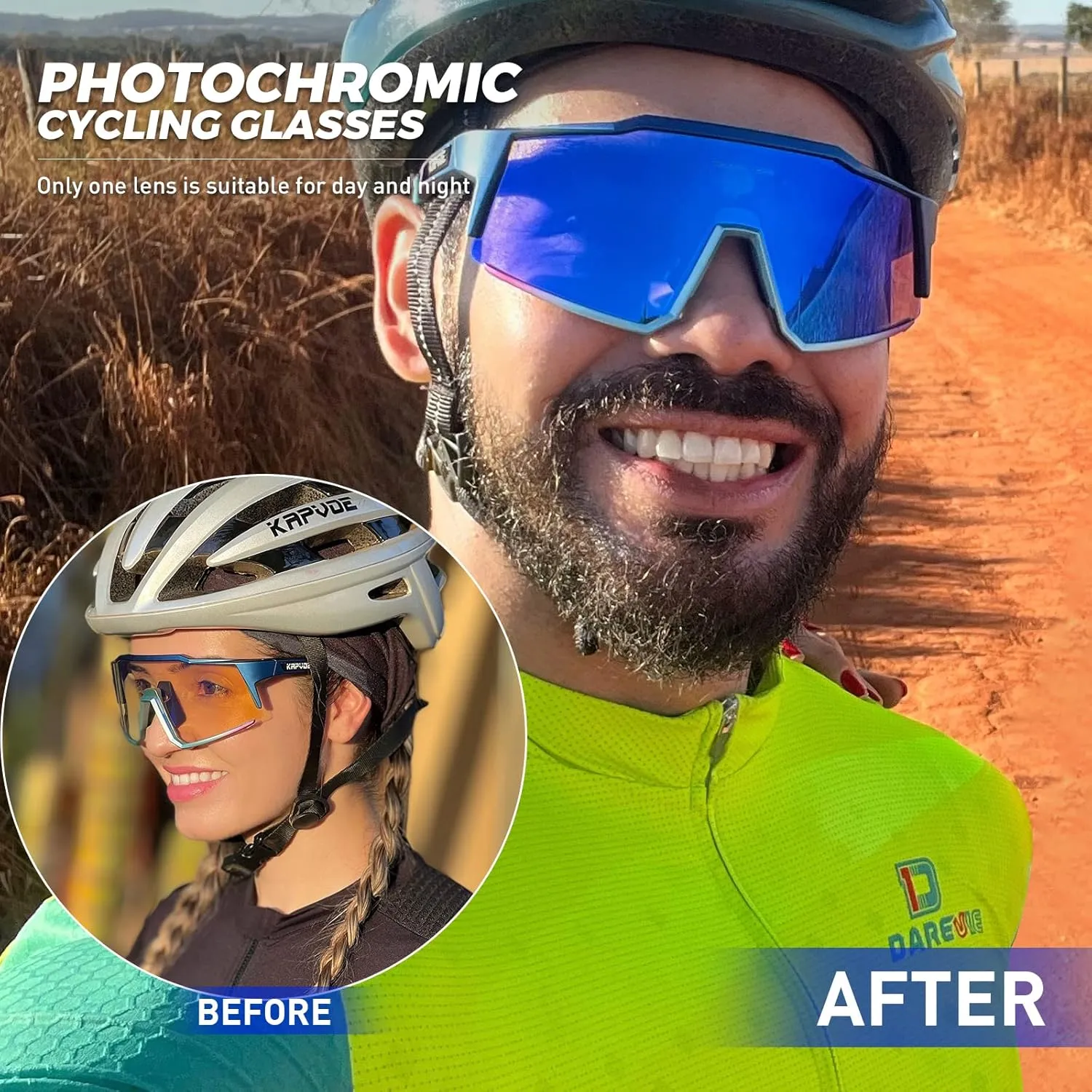 KAPVOE Photochromic Cycling Glasses MTB Clear Mountain Bike Transition Bicycle Sunglasses for Men Women - K9022