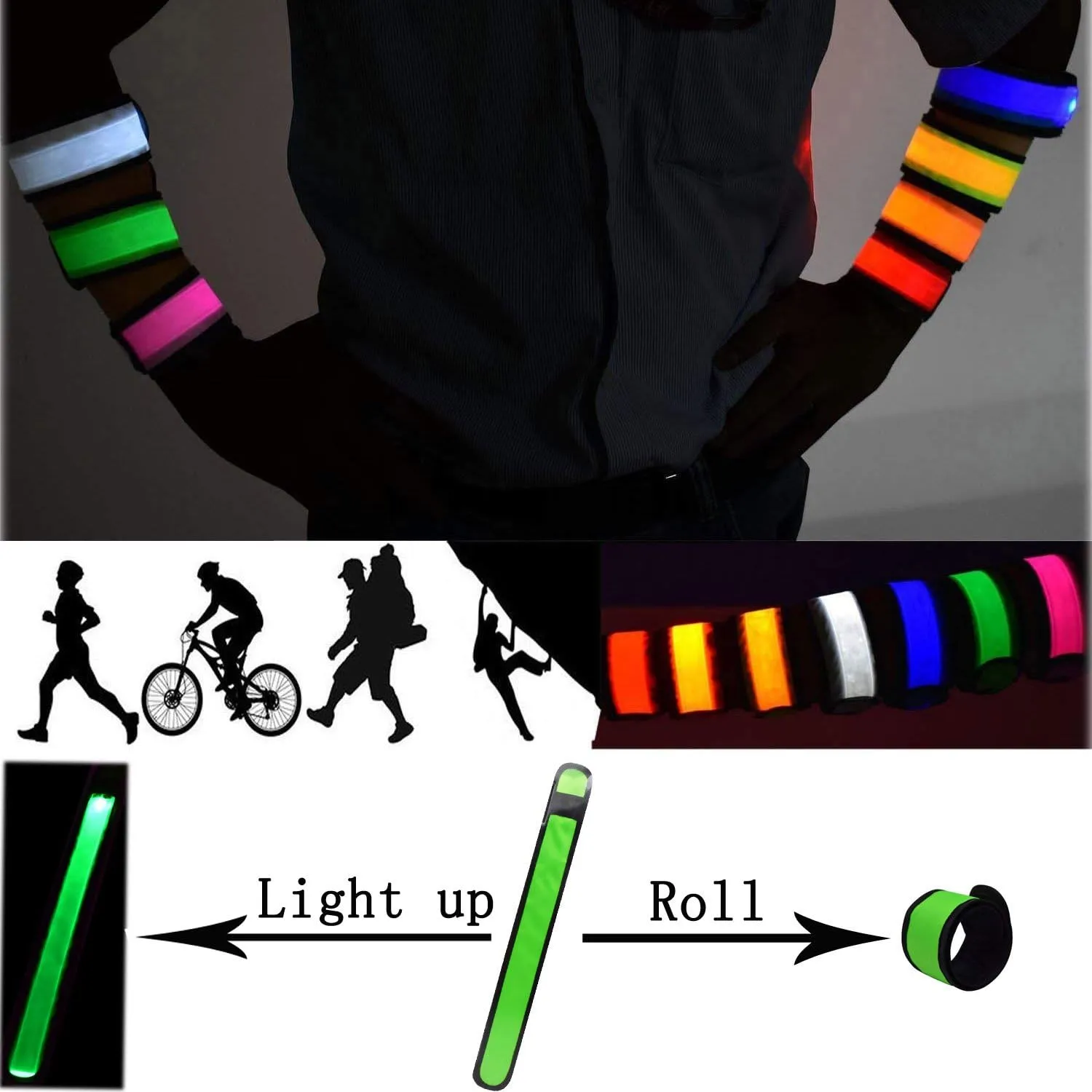 LED Glow Slap Bracelets Light Up Wristbands Flashing Arm Wrist Bands High Visibility Safety Gear Lights for Cycling Walking Running Concert Camping Outdoor Sports, Fits Women Men