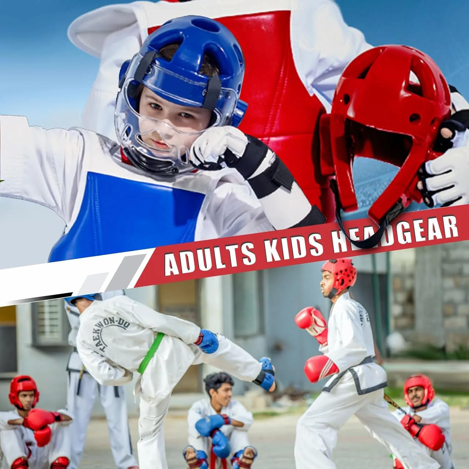 Martial Arts Karate Protective Sparring Gear Package Deal/Gift4 Colors- Adjustable Adults & Kids Headgear, Gloves & Kicks for MMA, Taekwondo, Boxing TrainingGift a Martial Arts backbag