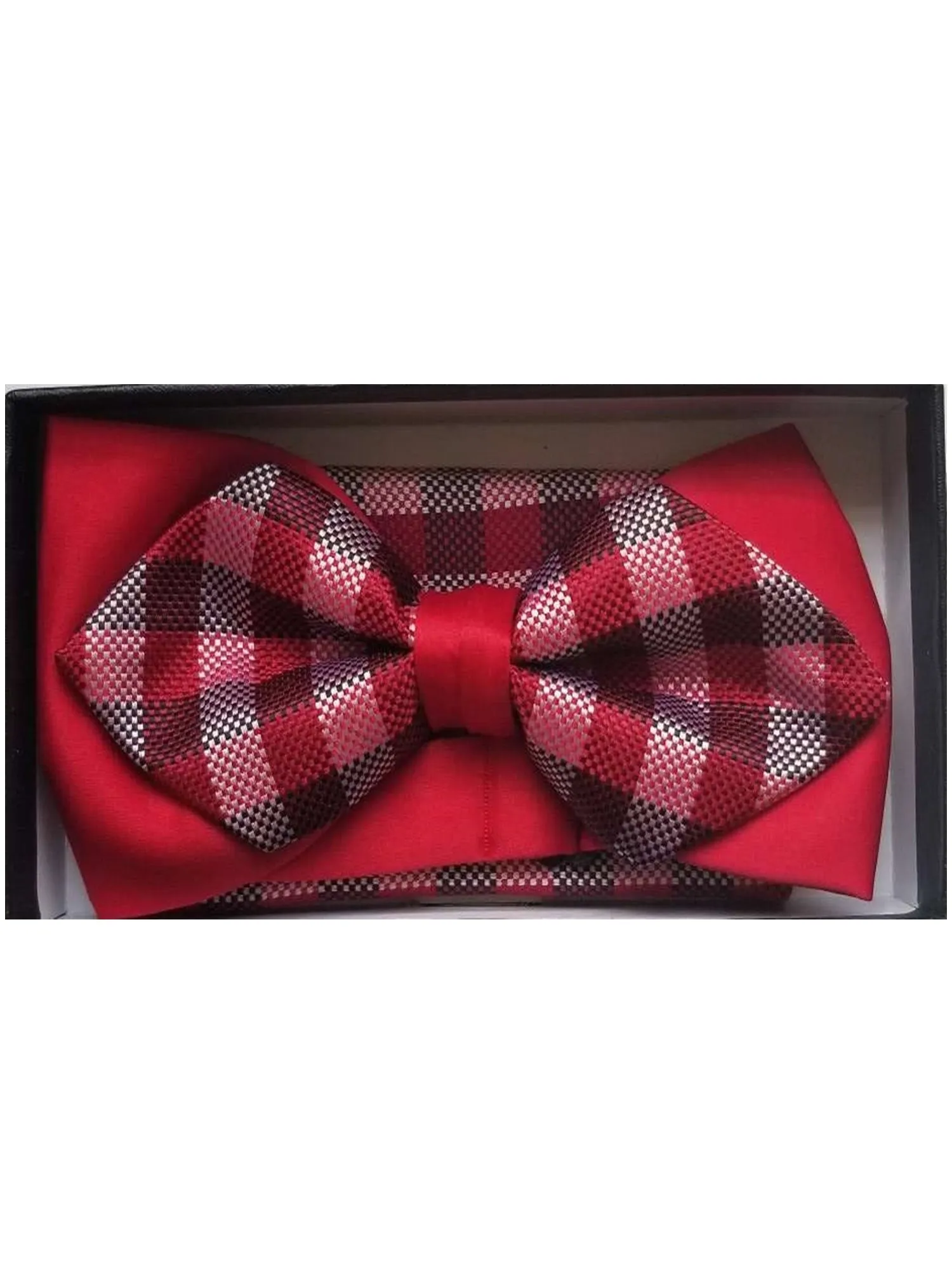 Men's Red Checks Diamond Tip Bow Tie With Matching Hanky