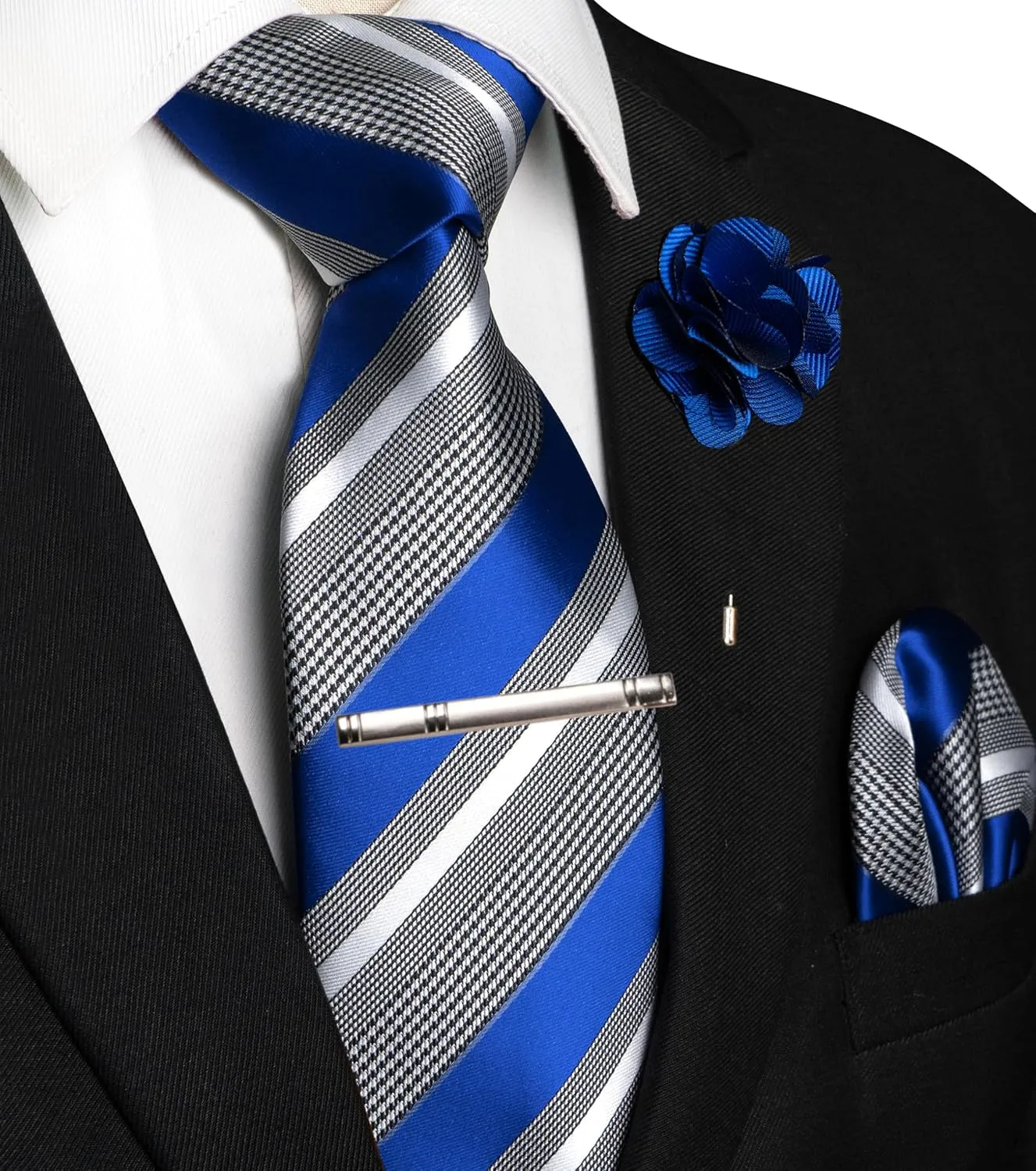 Mens Striped Tie and Lapel Pin Necktie Pocket Square and Tie Clip Sets for Business Casual 4PCS