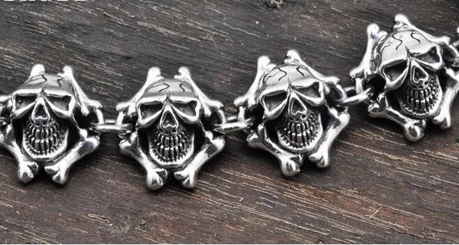 Metal Linked Skulls and Bones Bracelet 925 Sterling Silver