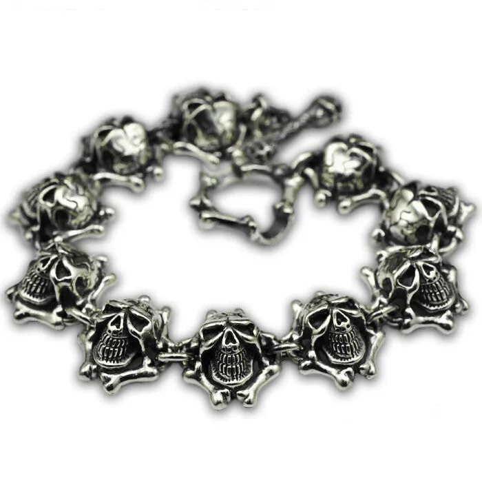 Metal Linked Skulls and Bones Bracelet 925 Sterling Silver