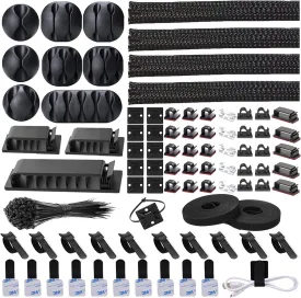 N NOROCME 192 PCS Cable Management Kit 4 Wire Organizer Sleeve,11 Cable Holder,35Cord Clips 10 2 Roll Cable Organizer Straps and 100 Fastening Cable Ties for Computer TV Under Desk, black,clear