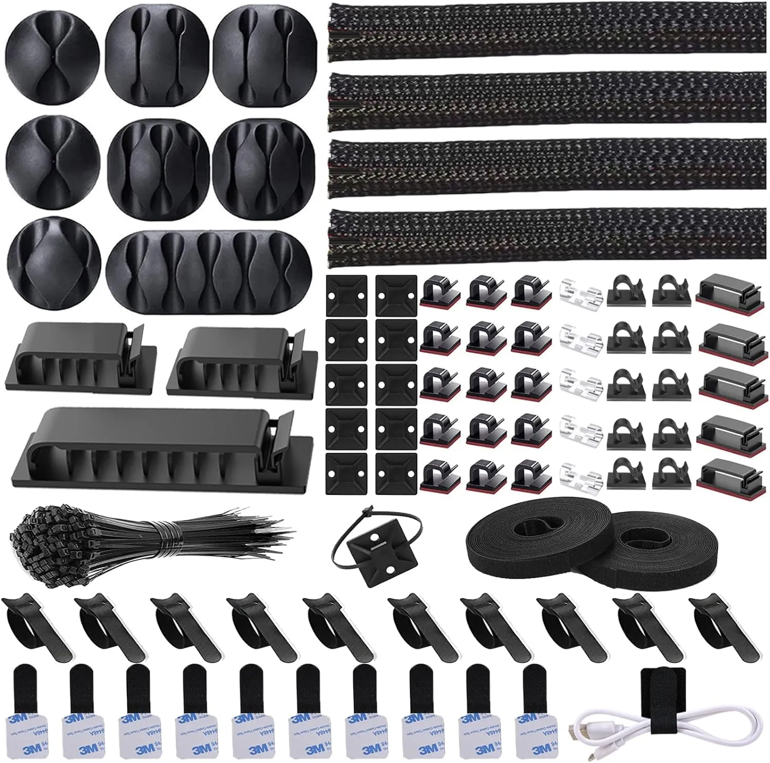 N NOROCME 192 PCS Cable Management Kit 4 Wire Organizer Sleeve,11 Cable Holder,35Cord Clips 10 2 Roll Cable Organizer Straps and 100 Fastening Cable Ties for Computer TV Under Desk, black,clear