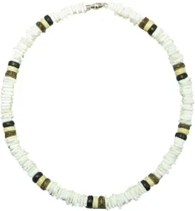 Native Treasure Mens and Womens Tropical Summer Beach Surfer Necklace From the Philippines, White Rose Clam Chips Ark Shells and Coconut Beads, Mens Shell Necklace