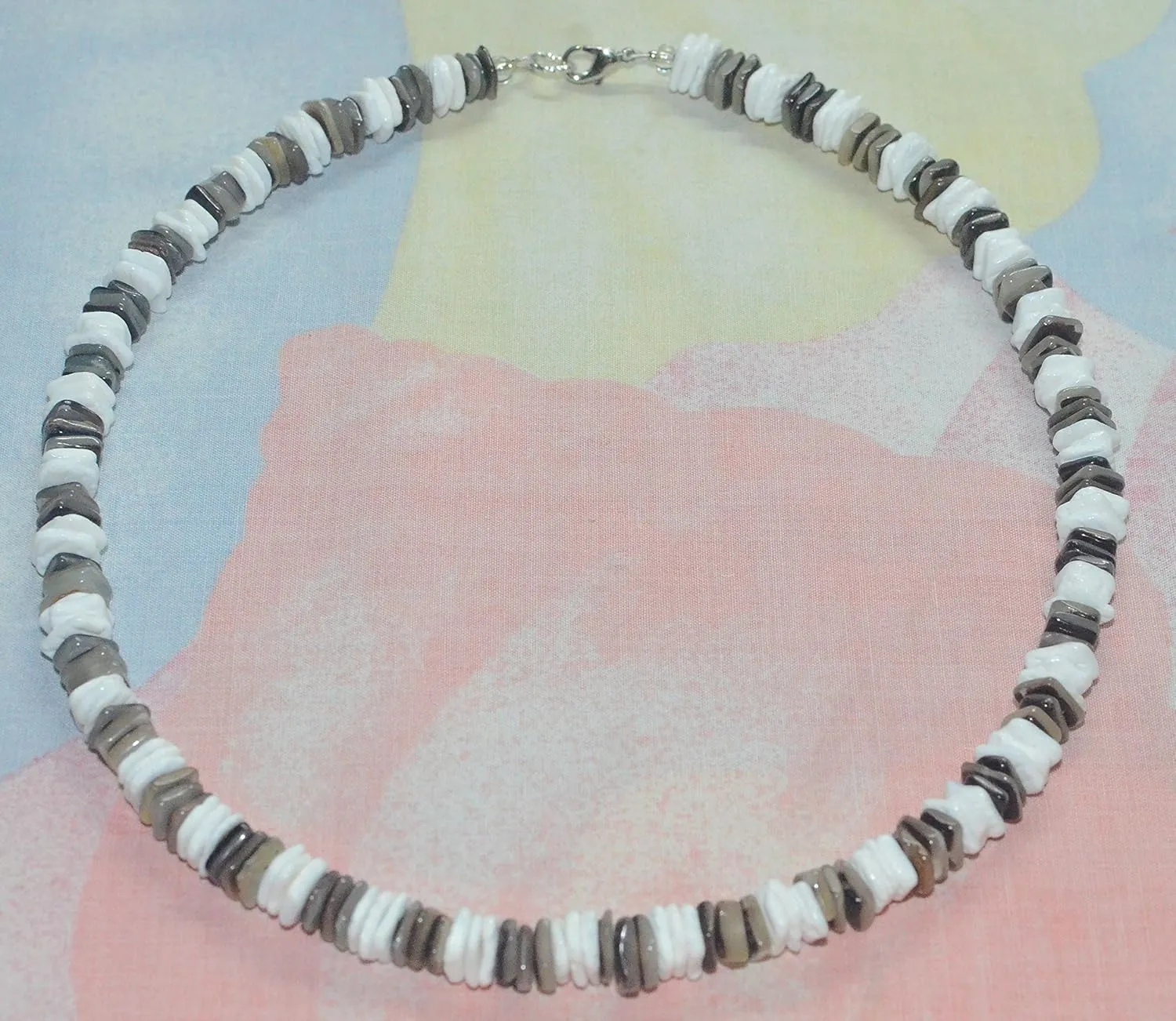 Native Treasure Mens and Womens White Rose and Gray Clam Chips Ark Shells, Tropical Jewelry Summer Beach Surfer Necklace From the Philippines