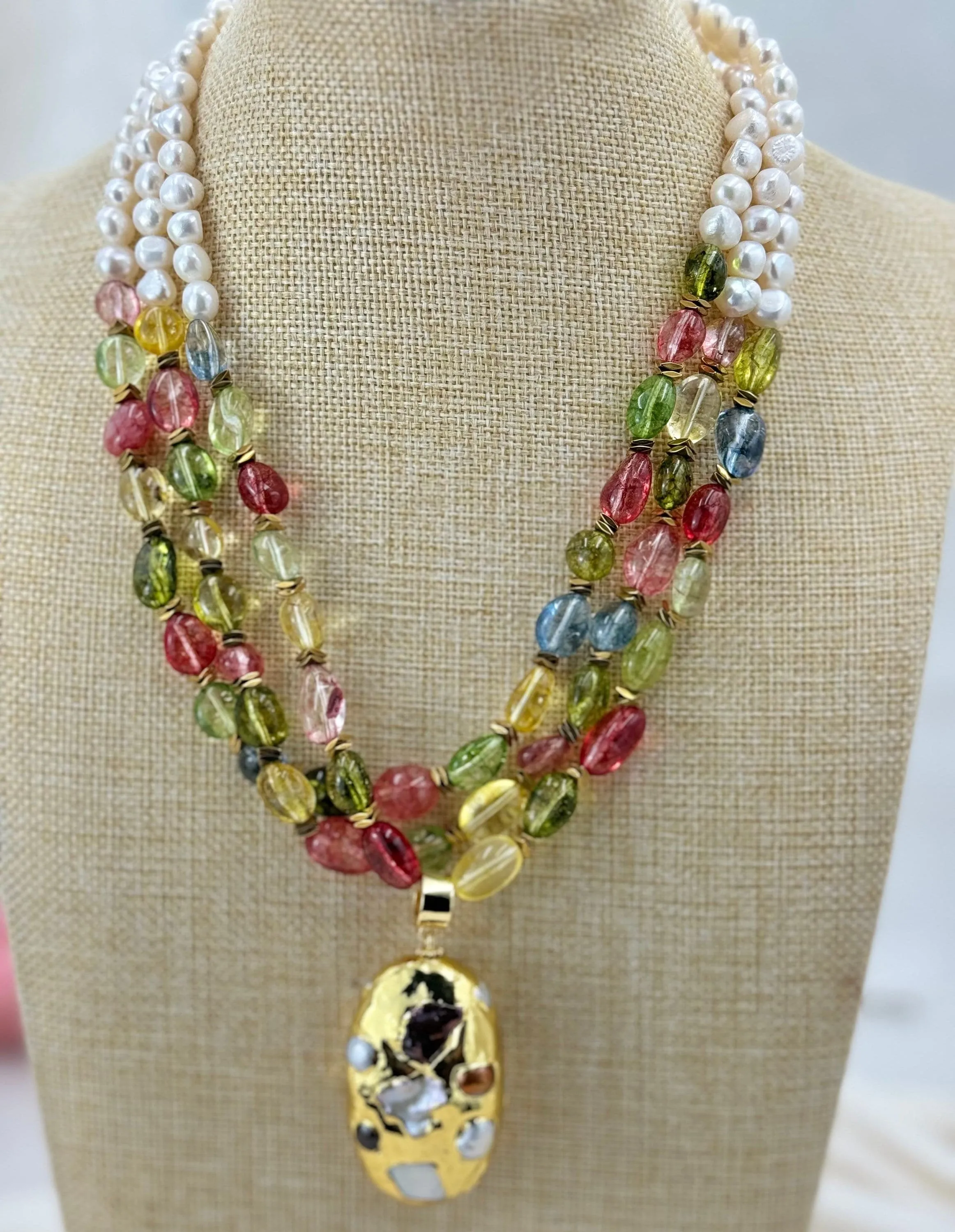 Natural pearl 3 line gemstone baroque pearl pendant necklace