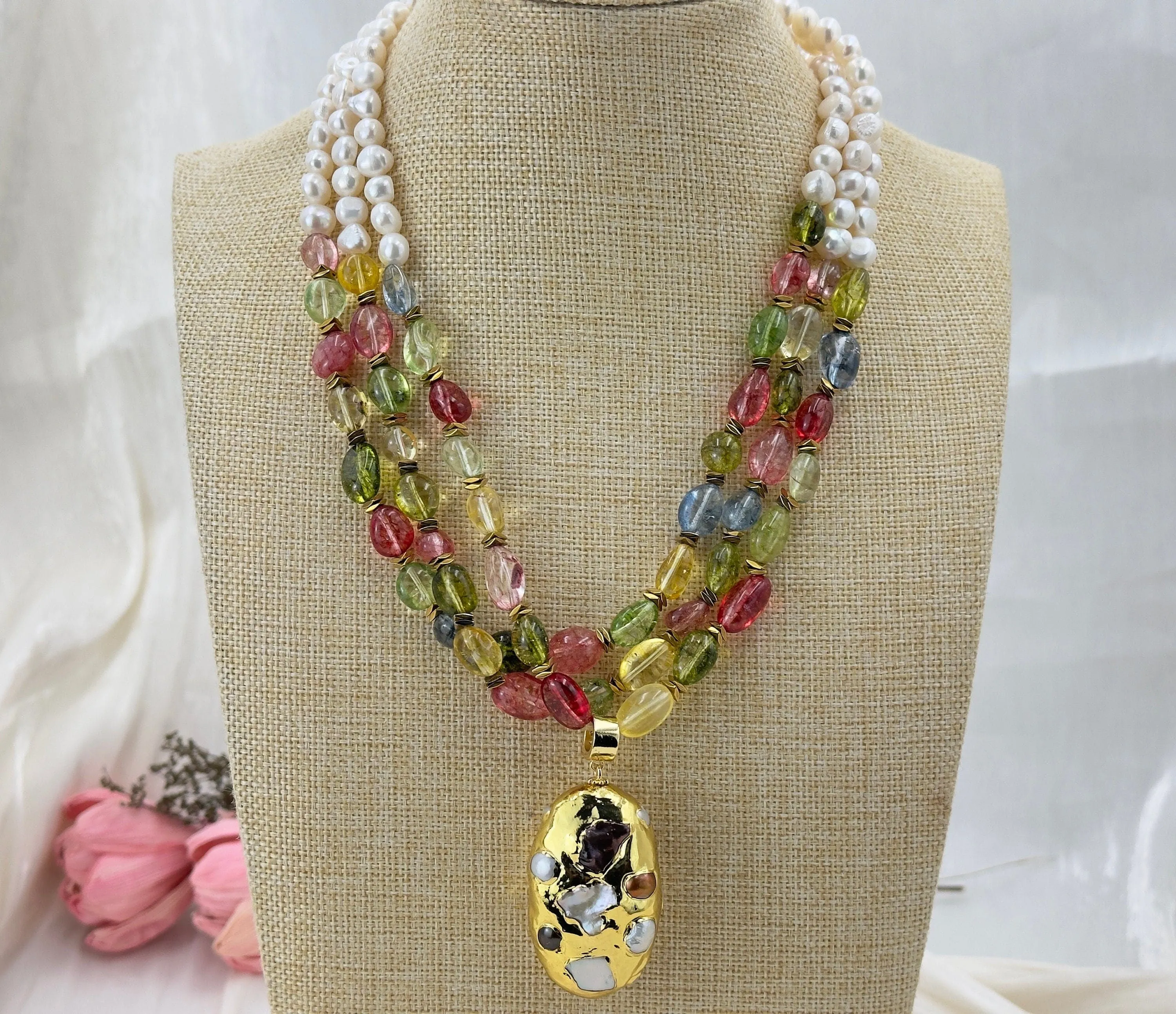 Natural pearl 3 line gemstone baroque pearl pendant necklace