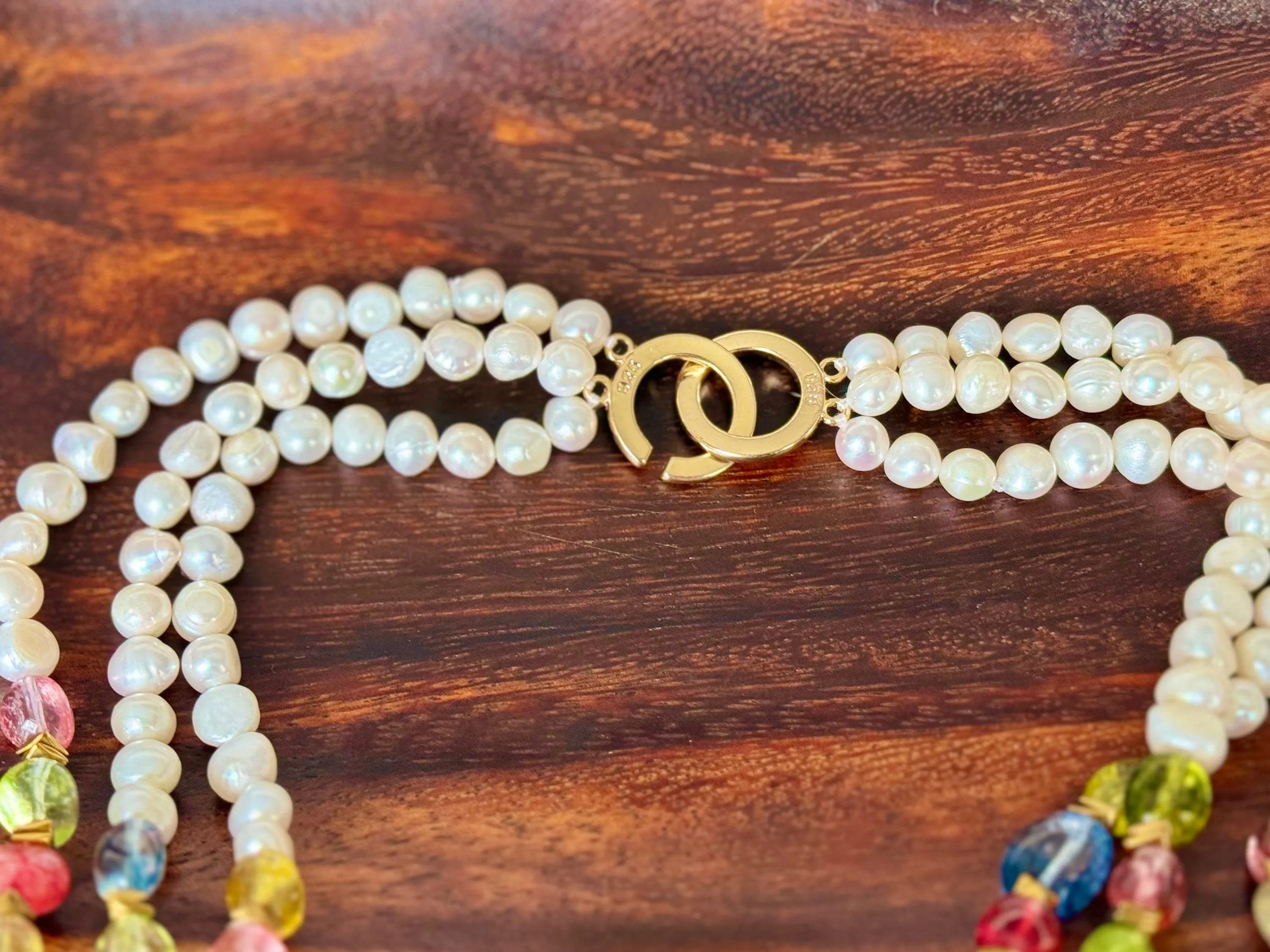 Natural pearl 3 line gemstone baroque pearl pendant necklace