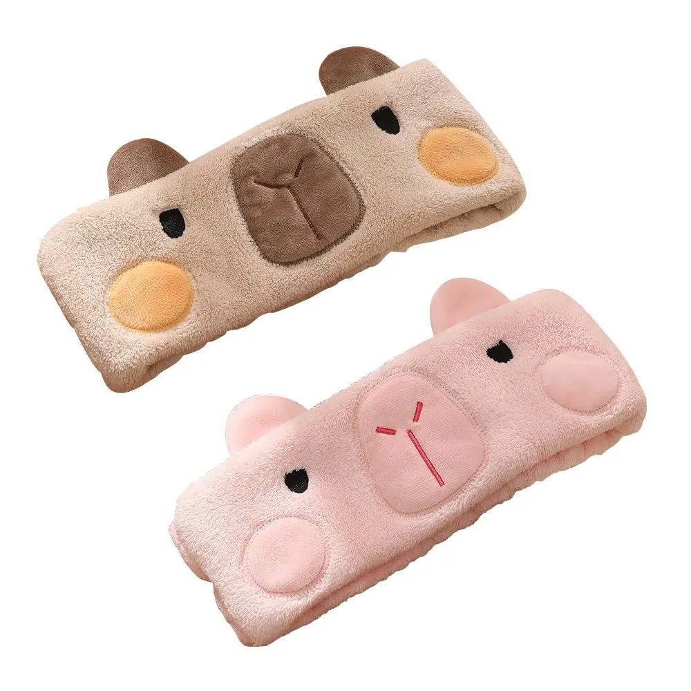 PERFECTSIGHT Kawaii Headband for Spa, Makeup, Washing Face, Party - 2 Pack Cute Capybara Hair Band for Shower Beauty Skincare, Soft Facial Headbands for Girls and Women