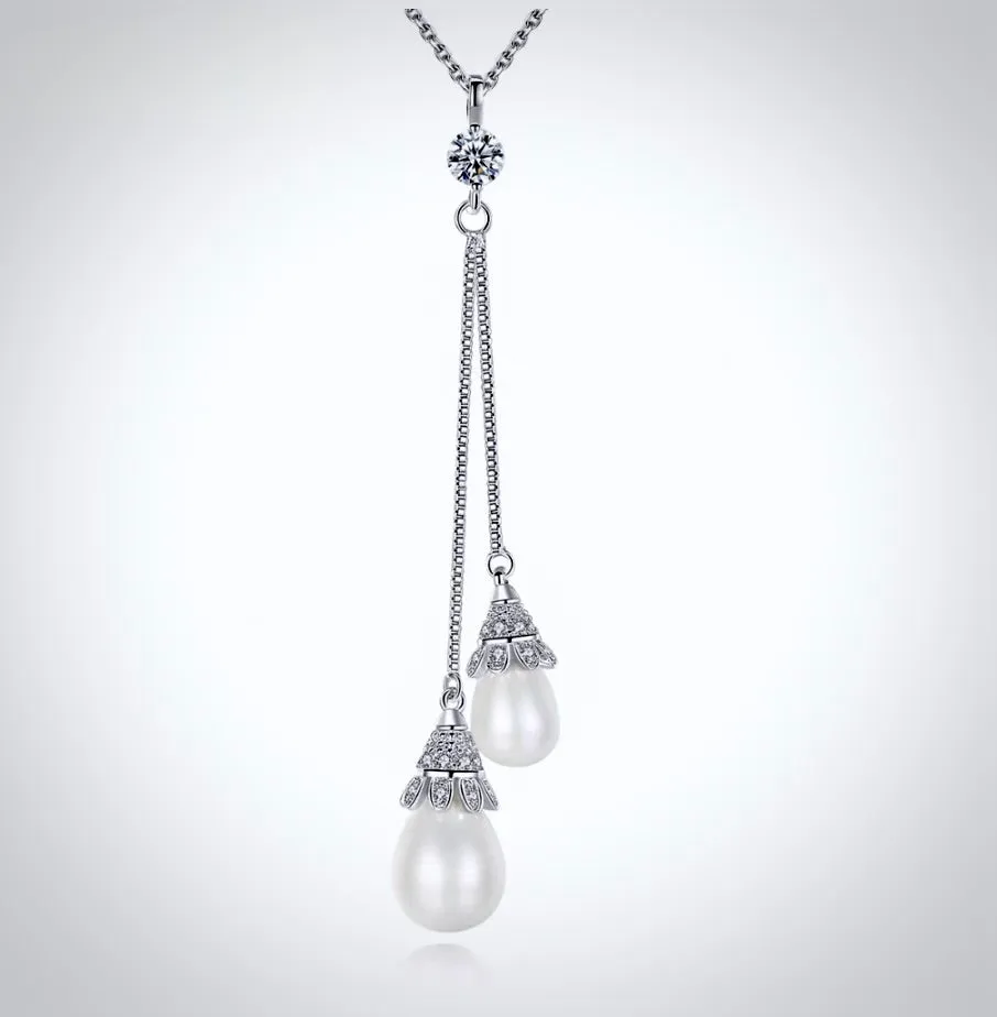 "Nevaeh" - Pearl Bridal Double Drop Lariat Necklace