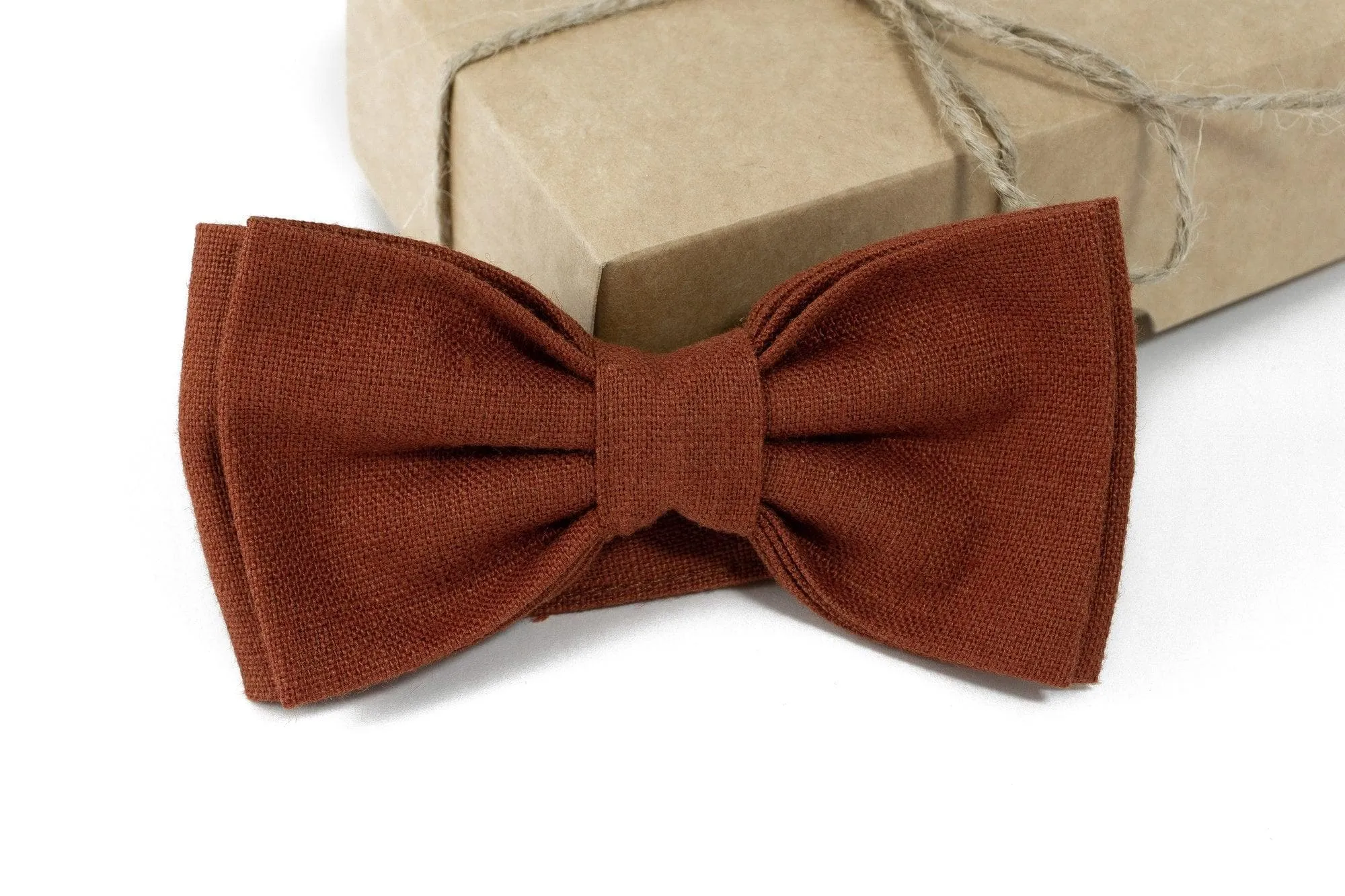 Rust colored bow tie for men Linen Pre-tied Adjustable Solid Color Bow Tie