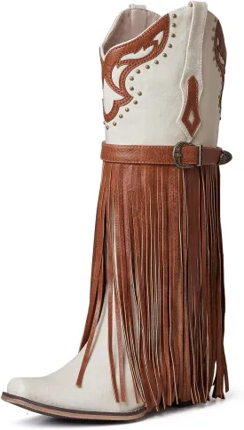 SaraIris Women's Western Bootie, Fashion Pointed Toe, Chunky Heel, Embroidered, Fringe, Pull-On, Mid Calf Boots, 2.75 inches, Knee High, PU, Denim, Rubber