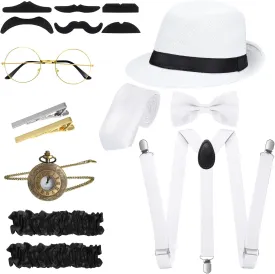 SATINIOR 1920s Old Men Costume Roaring Retro Accessories Set Gangster Hat Bow Tie Pocket Watch Suspender Glass Beard Tie Clip(White, Simple Style)