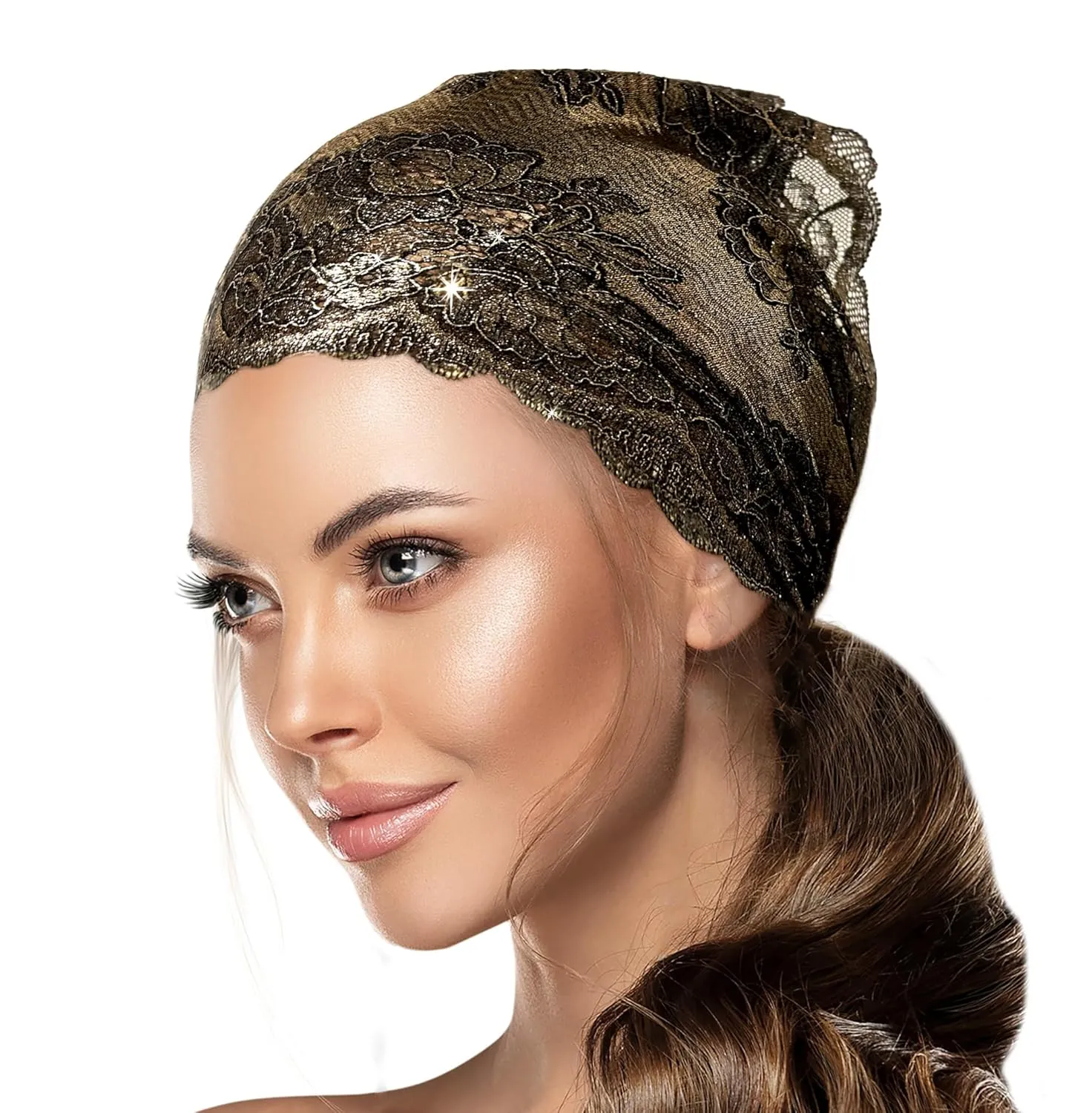 ShariRose Black Gold Lace Headband Vintage Lace Women Hair Accessories Wide Stretch Headband Makeup Hairband (Black gold shimmer)