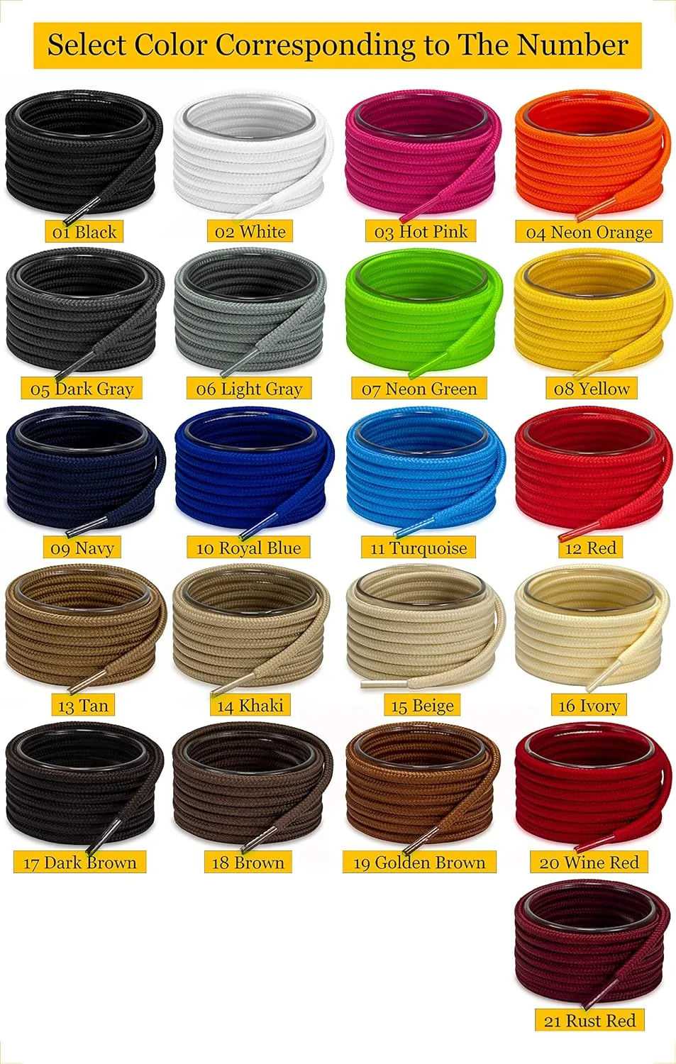 Shoemate Solid Color Round Shoe Laces for Sneakers, Boots and Athletic Shoes, Shoe Strings