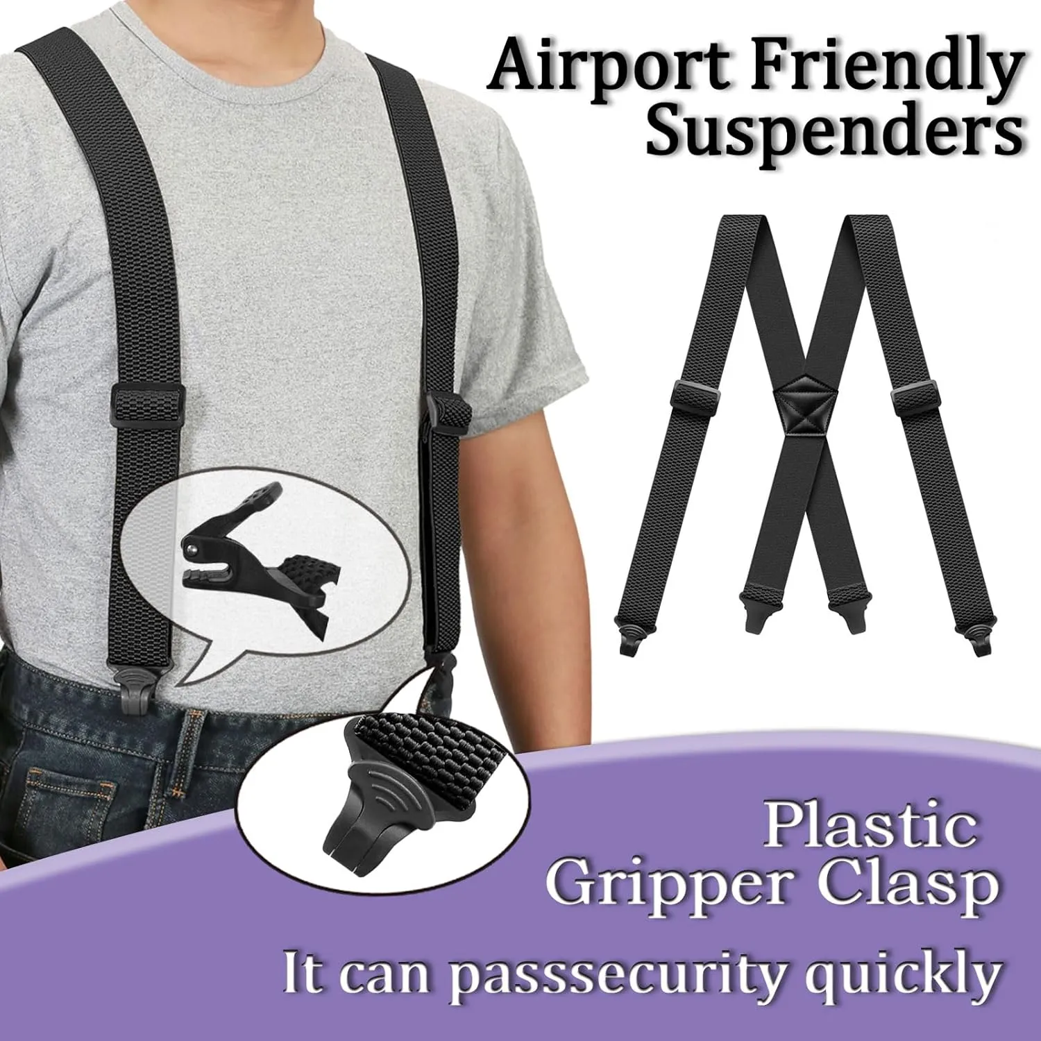 Suspenders for Men Heavy Duty Hidden Suspenders Work Airport Friendly 1.5In Wide X-Back with Plastic Gripper Clasps Trousers