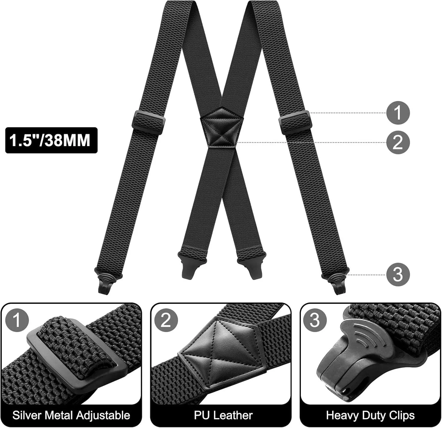 Suspenders for Men Heavy Duty Hidden Suspenders Work Airport Friendly 1.5In Wide X-Back with Plastic Gripper Clasps Trousers