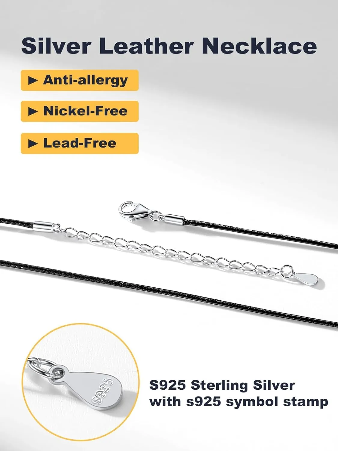 U7 1MM/2MM Black Leather Necklace for Women Men, Leather Cord Necklace with 925 Sterling Silver Clasp, 16-28 Inches