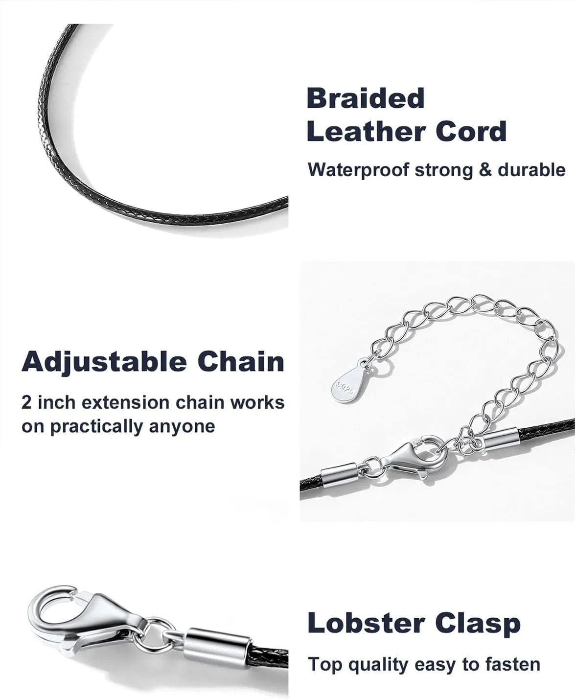 U7 1MM/2MM Black Leather Necklace for Women Men, Leather Cord Necklace with 925 Sterling Silver Clasp, 16-28 Inches